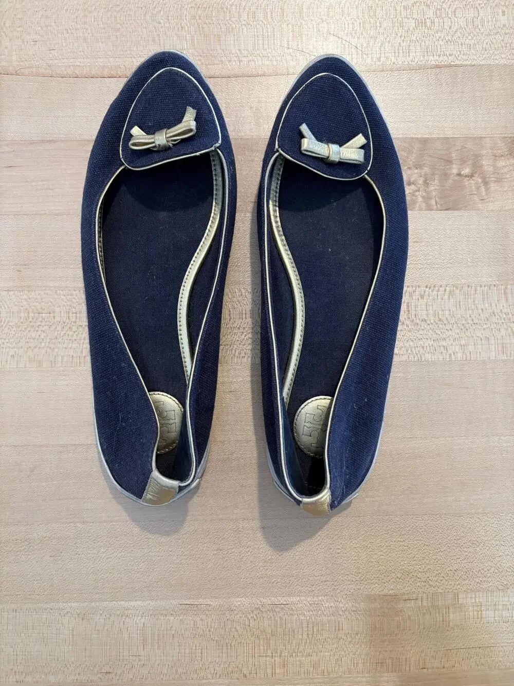 Tory Burch Shoes Womens Size 6 Navy Gold Logo Canvas Bow Ballet Flats Casual